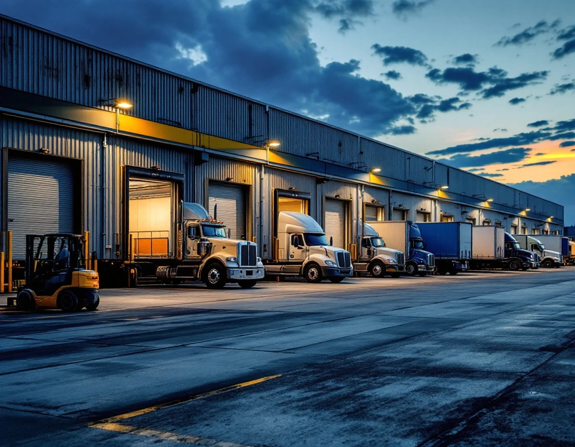 Multiple semi-trucks at distribution facility loading docks during evening operations