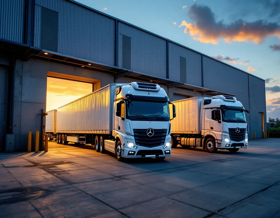 Three refrigerated trucks docked at warehouse loading bays during twilight hours