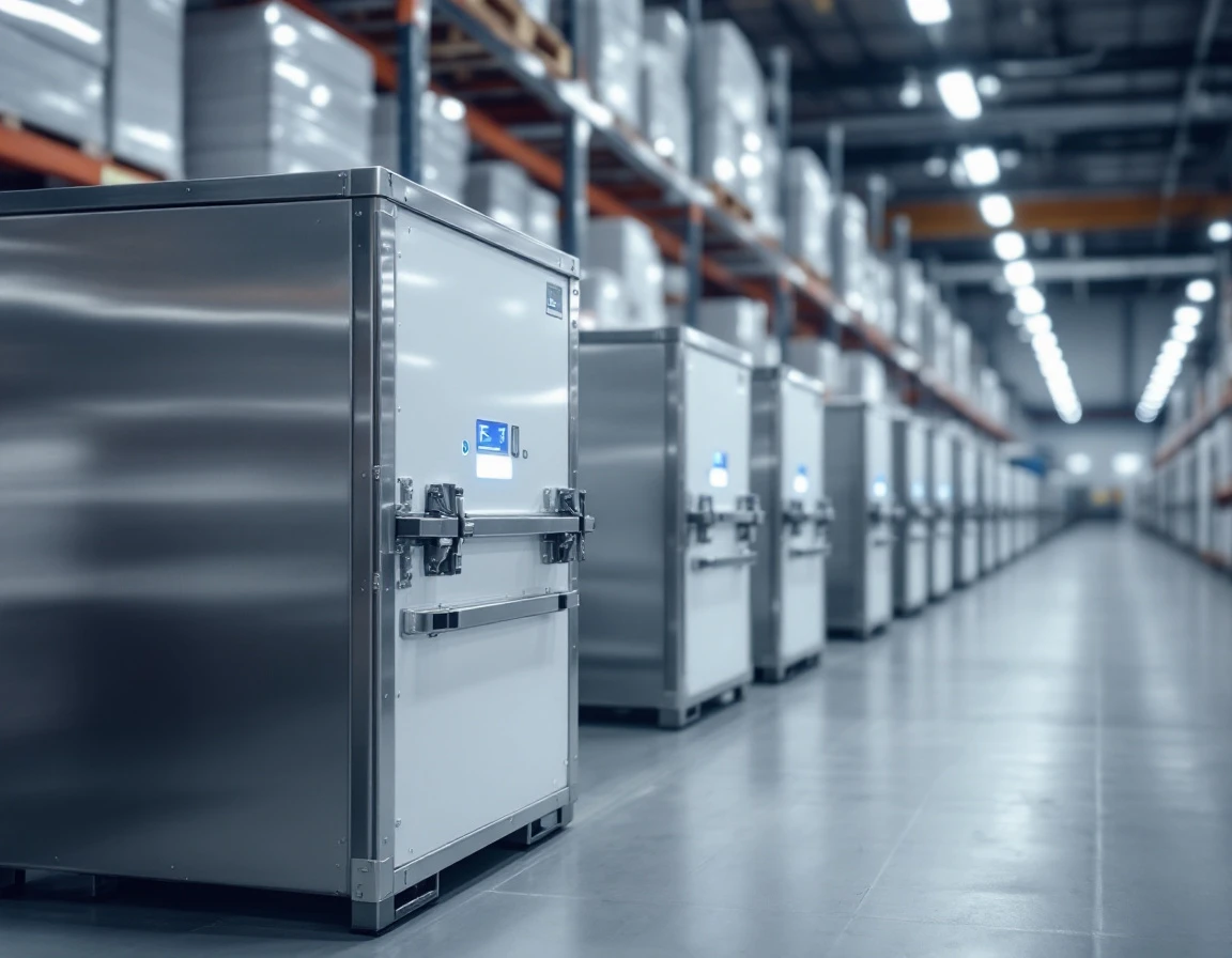 Temperature-controlled pharmaceutical storage containers with insulation in medical logistics warehouse
