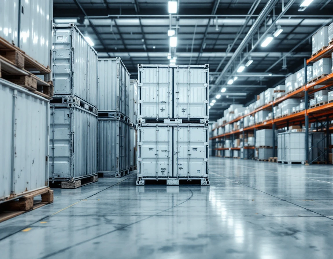 Insulated pharmaceutical shipping containers in cold chain logistics warehouse with industrial lighting