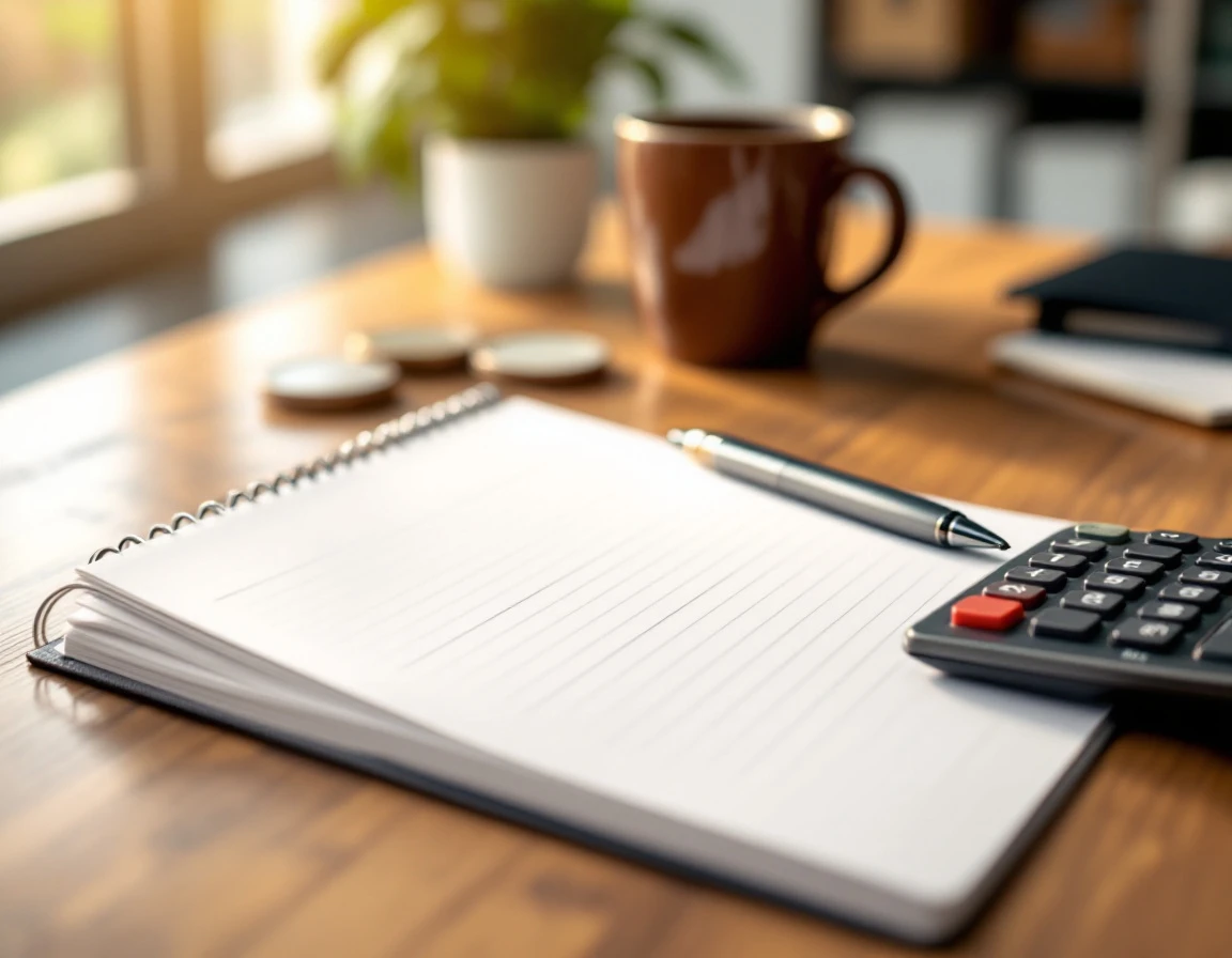 Desk workspace with calculator, blank notepad, and pen for analyzing shipping carrier billing surcharges