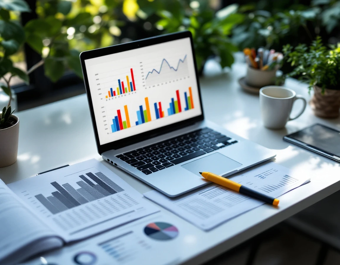Office desk with laptop showing charts, highlighter, and blurred shipping cost reports