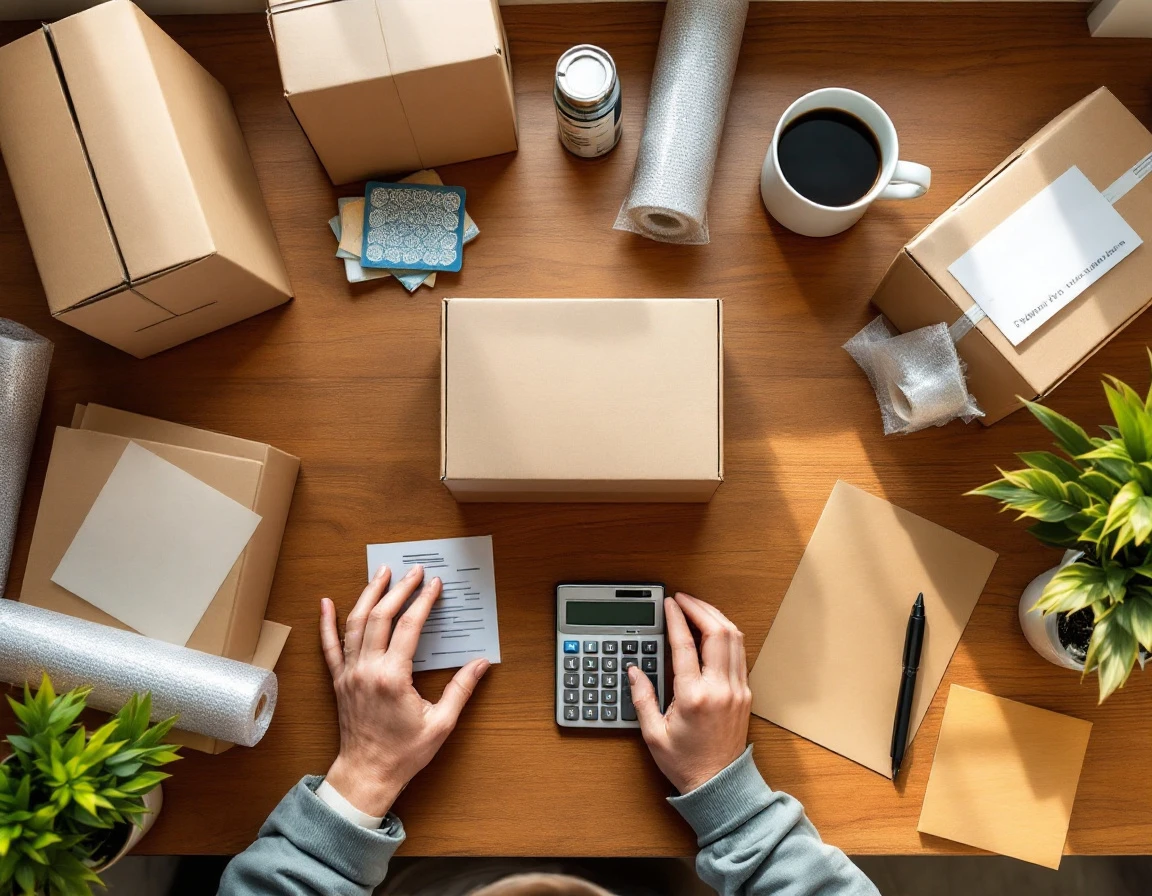 Shipping boxes, calculator, and packaging materials arranged on desk for cost planning