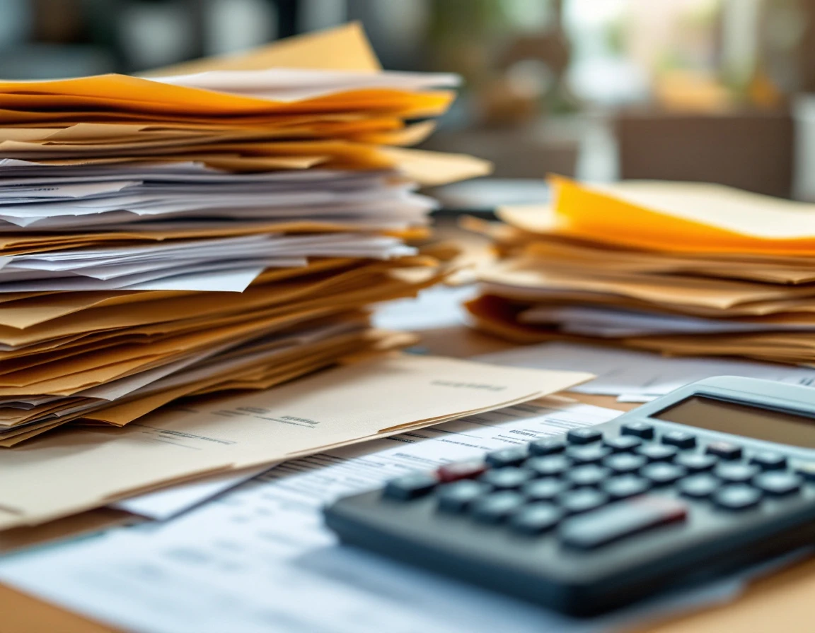 Stacked invoices, calculator, and shipping paperwork on logistics workspace desk