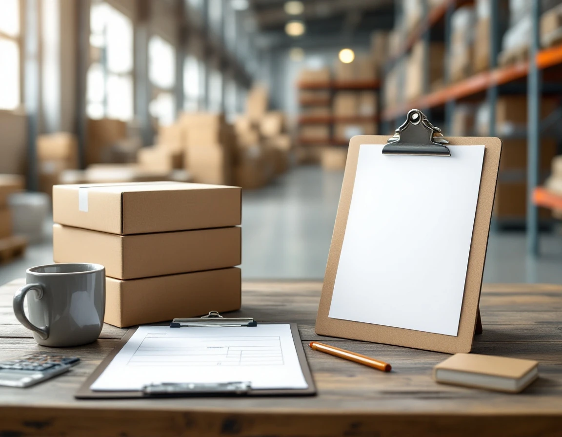 Warehouse workspace with calculator, shipping boxes, and documents for logistics invoice reconciliation