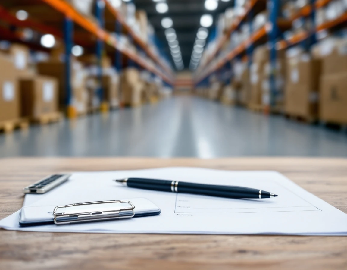 Calculator and clipboard on warehouse desk representing supply chain invoice audit workflow