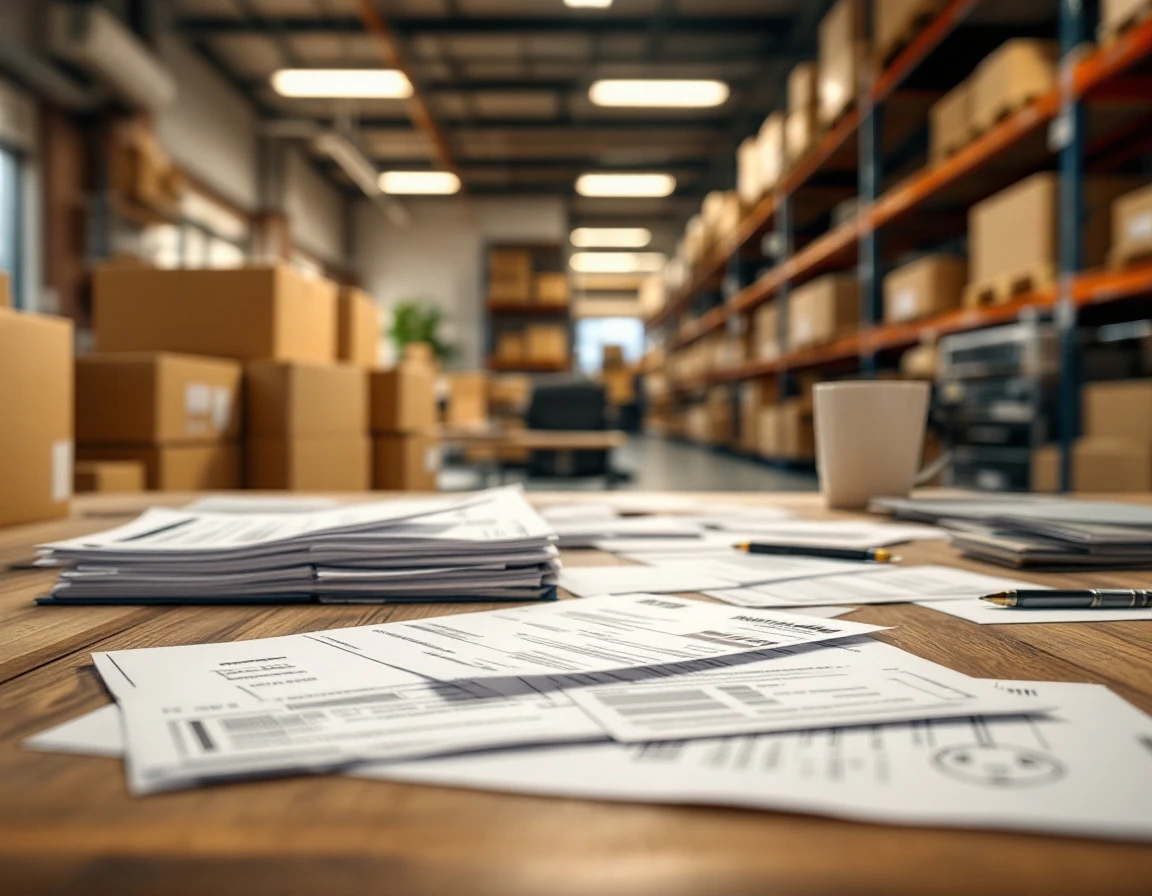 Shipping invoices and delivery paperwork on warehouse office desk with industrial shelving in background