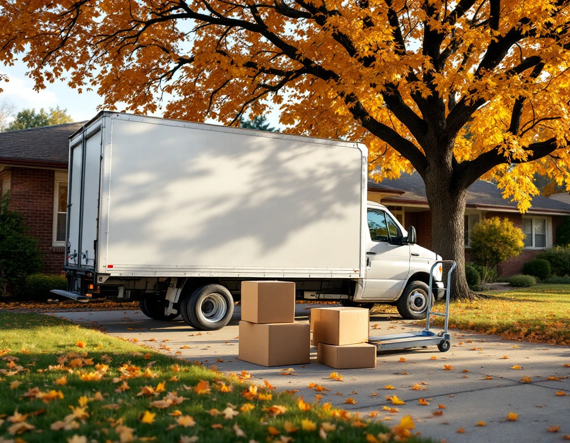 White delivery van with stacked packages on suburban driveway surrounded by autumn foliage