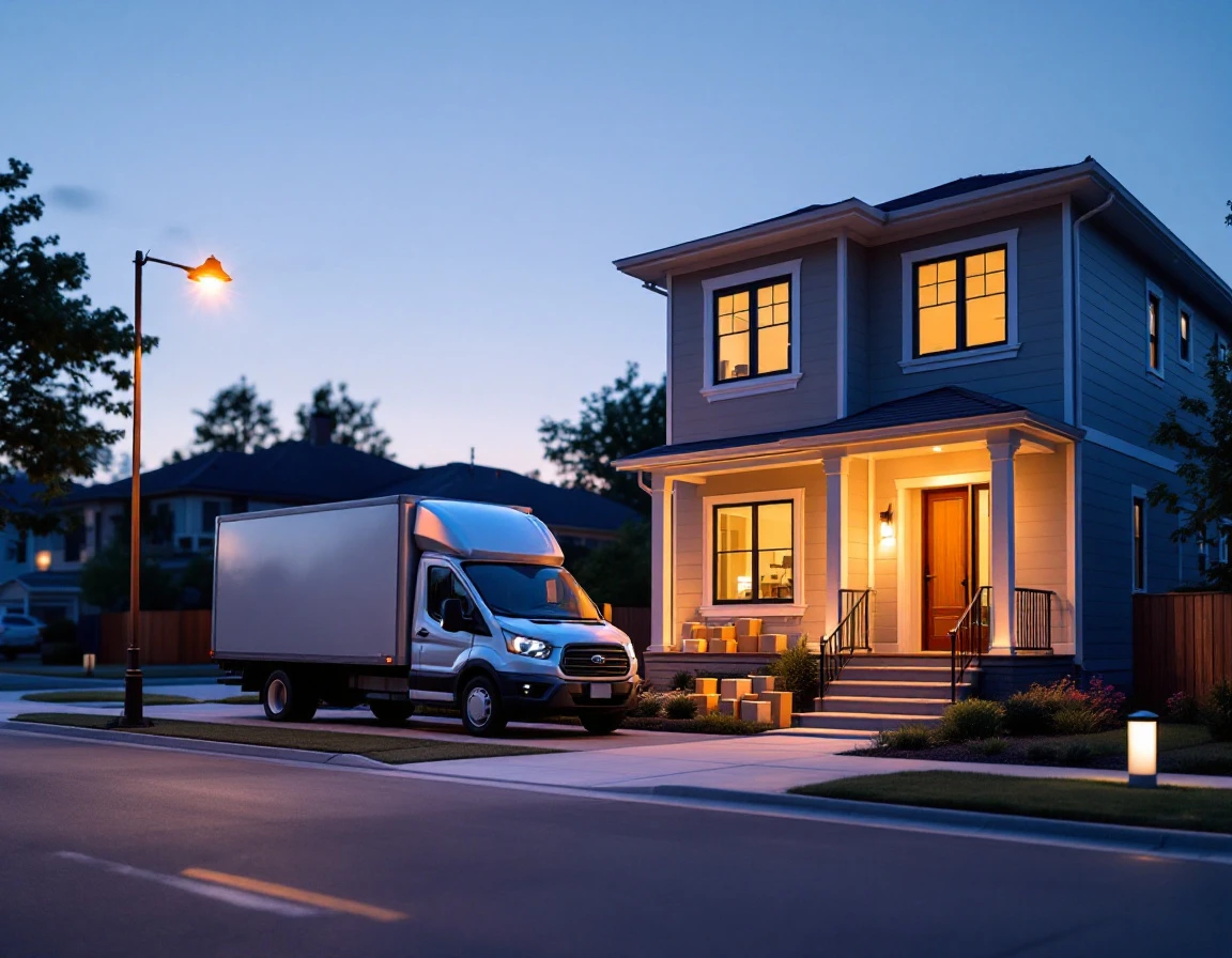 Delivery truck parked in front of suburban home at dusk with packages on porch for carrier performance tracking