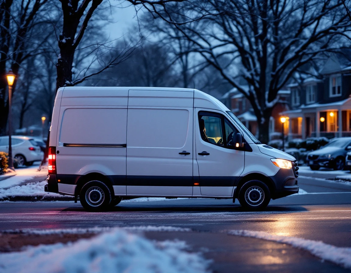 Unmarked delivery van on residential street during winter evening with snow-dusted curbs and twilight lighting