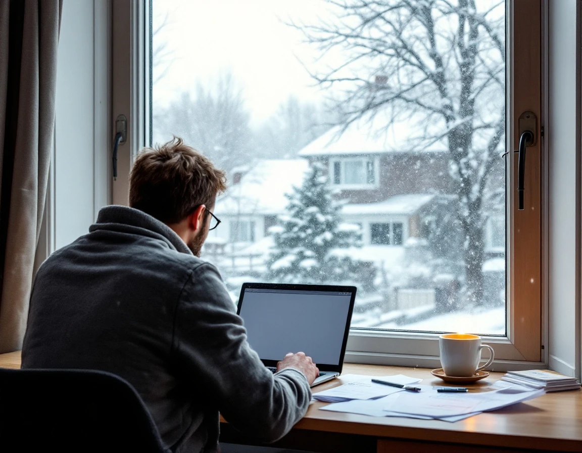 Person working at desk with papers during winter snowstorm, reviewing holiday shipping logistics
