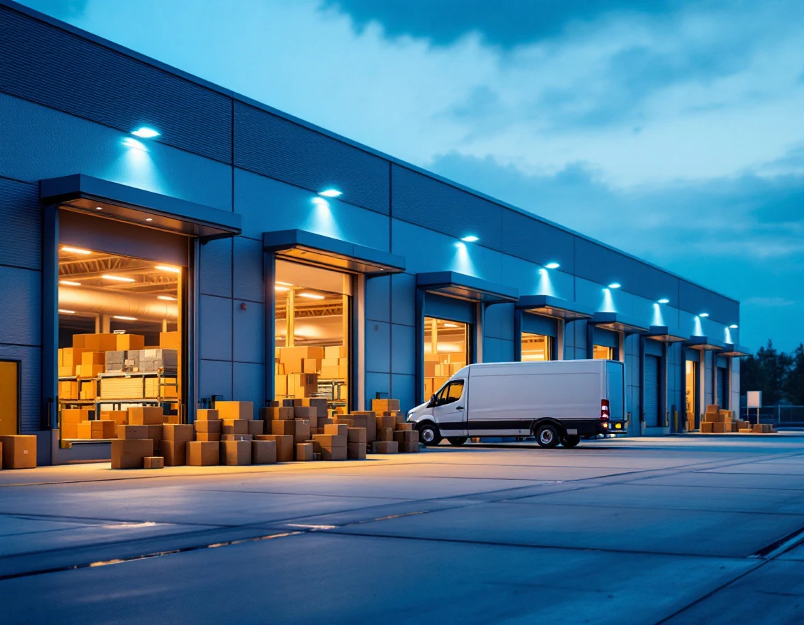 Commercial delivery depot with loading docks and parcels during peak shipping season