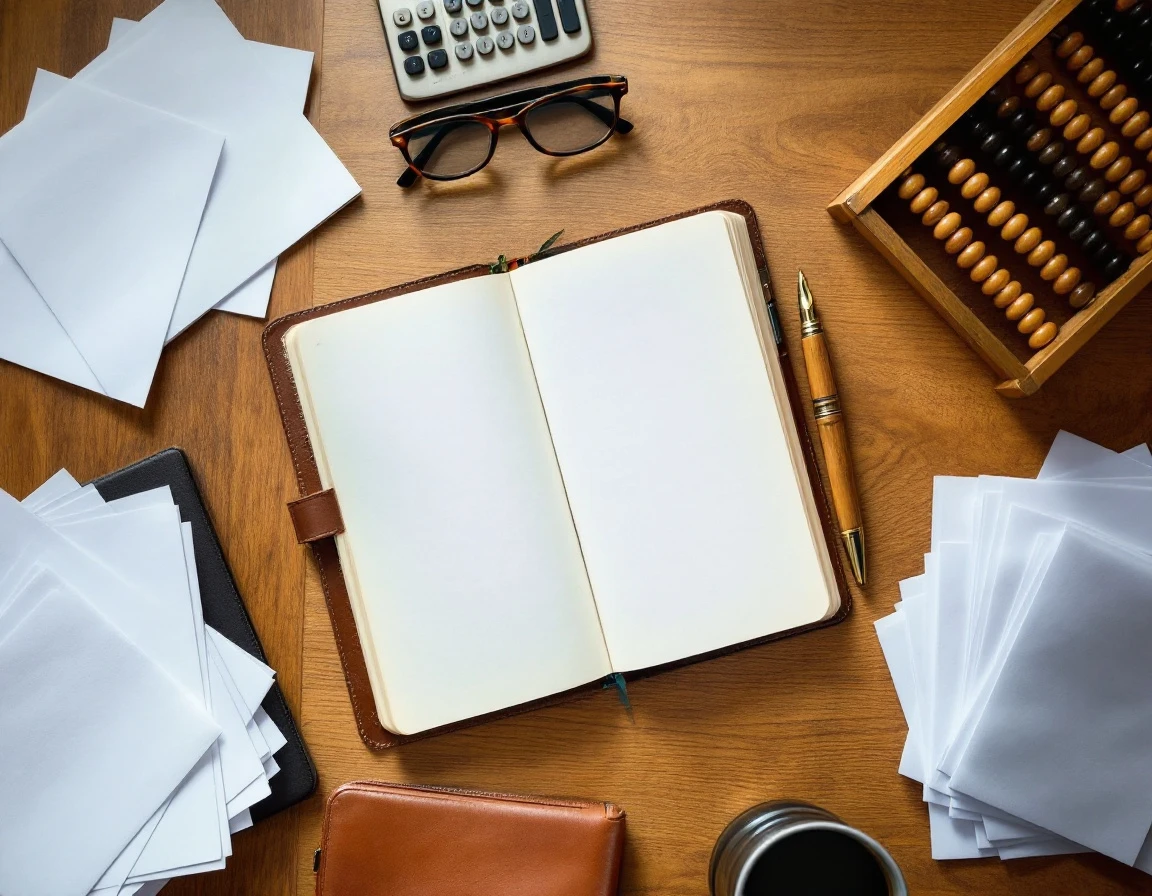 Overhead view of shipping audit workspace with calculator, documents, and professional office tools on wooden desk