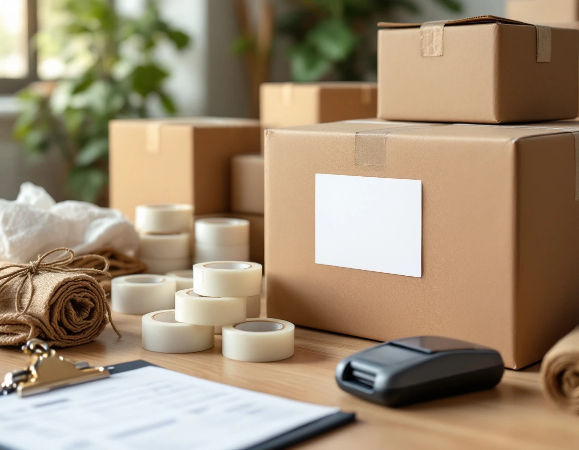 Shipping workspace with cardboard boxes, packing tape, blank labels, and shipping paperwork on wooden desk