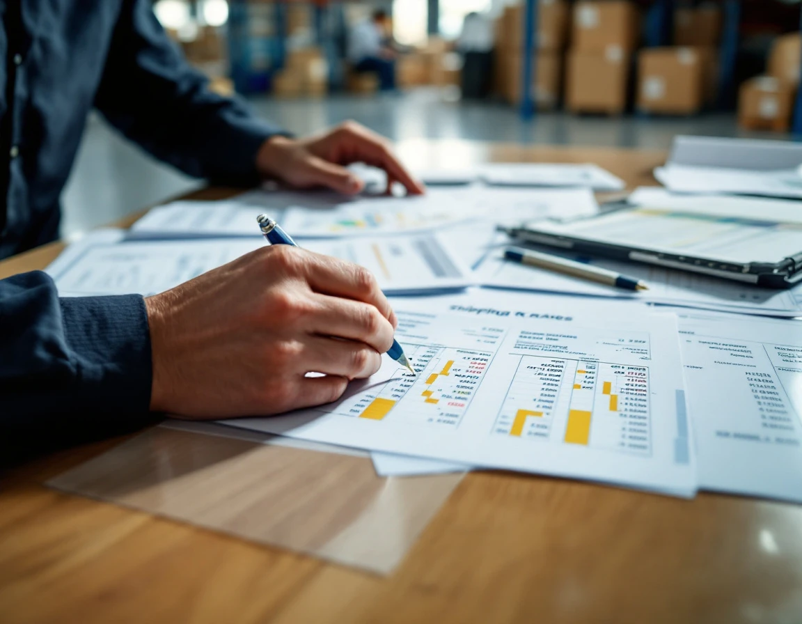 Hands reviewing shipping carrier rate sheets and billing statements during freight cost audit