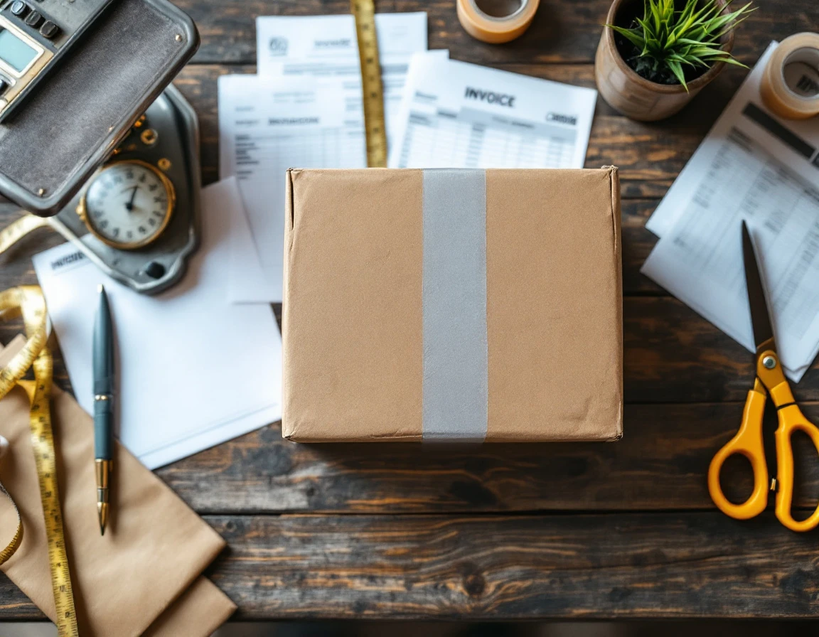 Shipping audit workspace with cardboard package, scale, calculator, and measurement tools on wooden desk