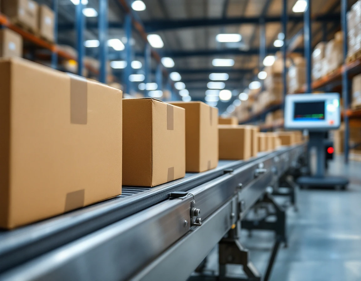 Cardboard shipping boxes on warehouse conveyor belt with weighing station in background