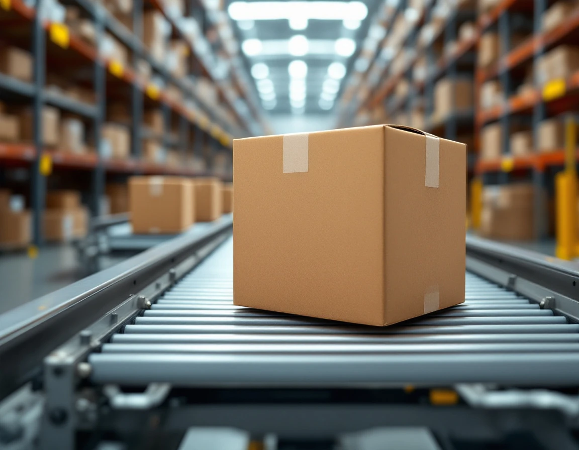 Unmarked cardboard boxes moving through warehouse conveyor belt system in logistics facility