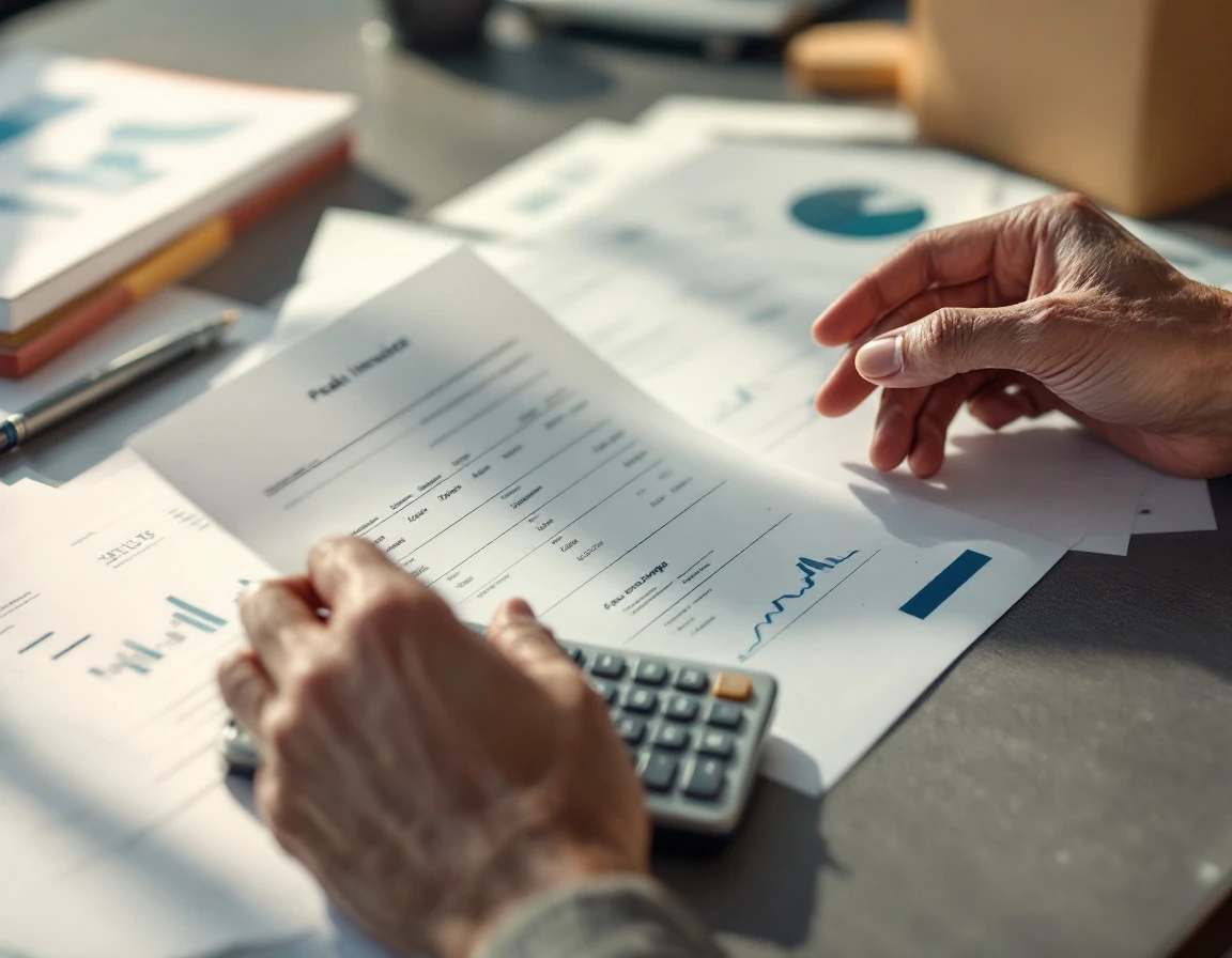 Hands examining shipping invoices and using calculator to validate peak surcharge billing accuracy