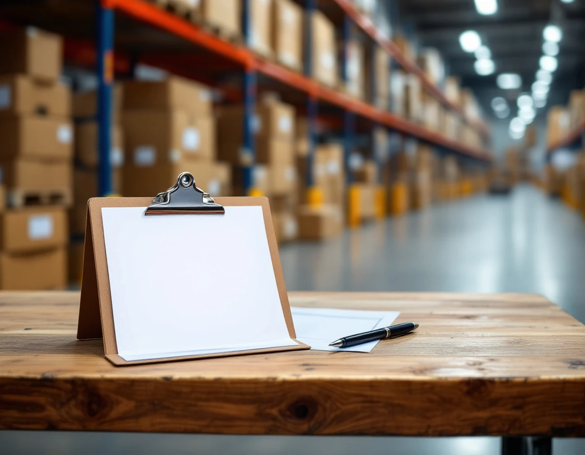 Warehouse audit clipboard and checklist on workstation with logistics facility shelving in background