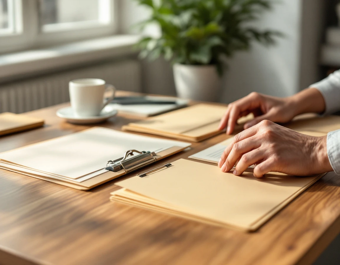 Hands organizing blank audit documents and folders on wooden desk with natural window lighting