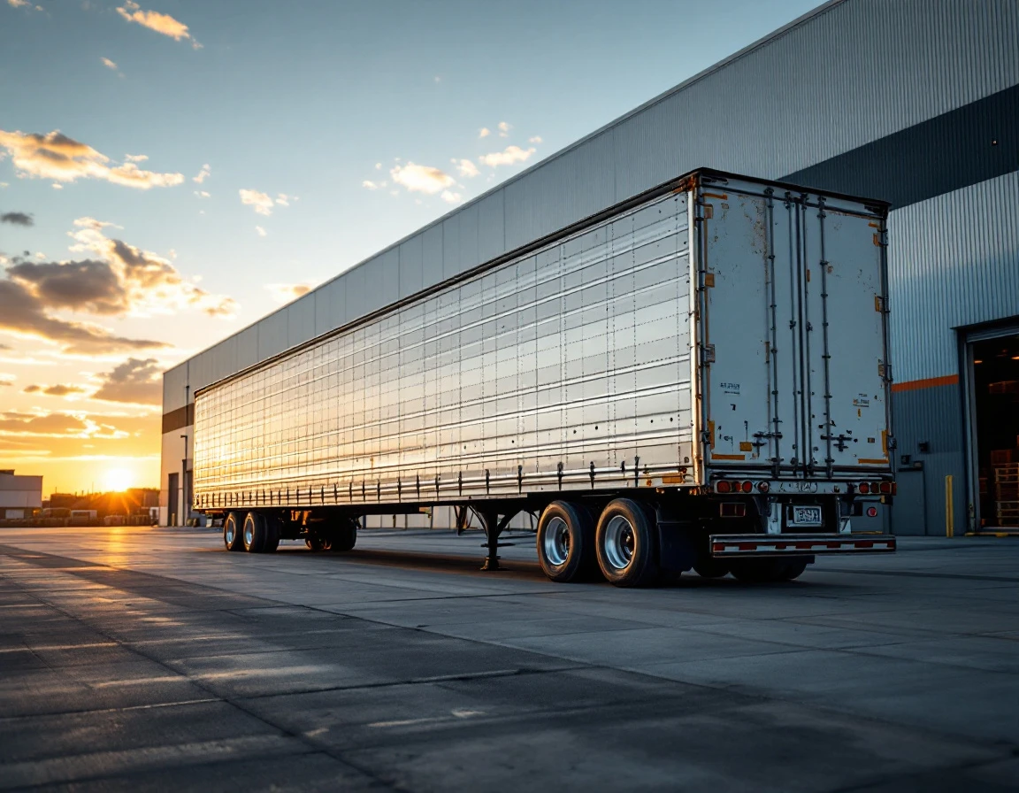 Semi-truck at distribution center loading dock during golden hour with natural weathering patterns