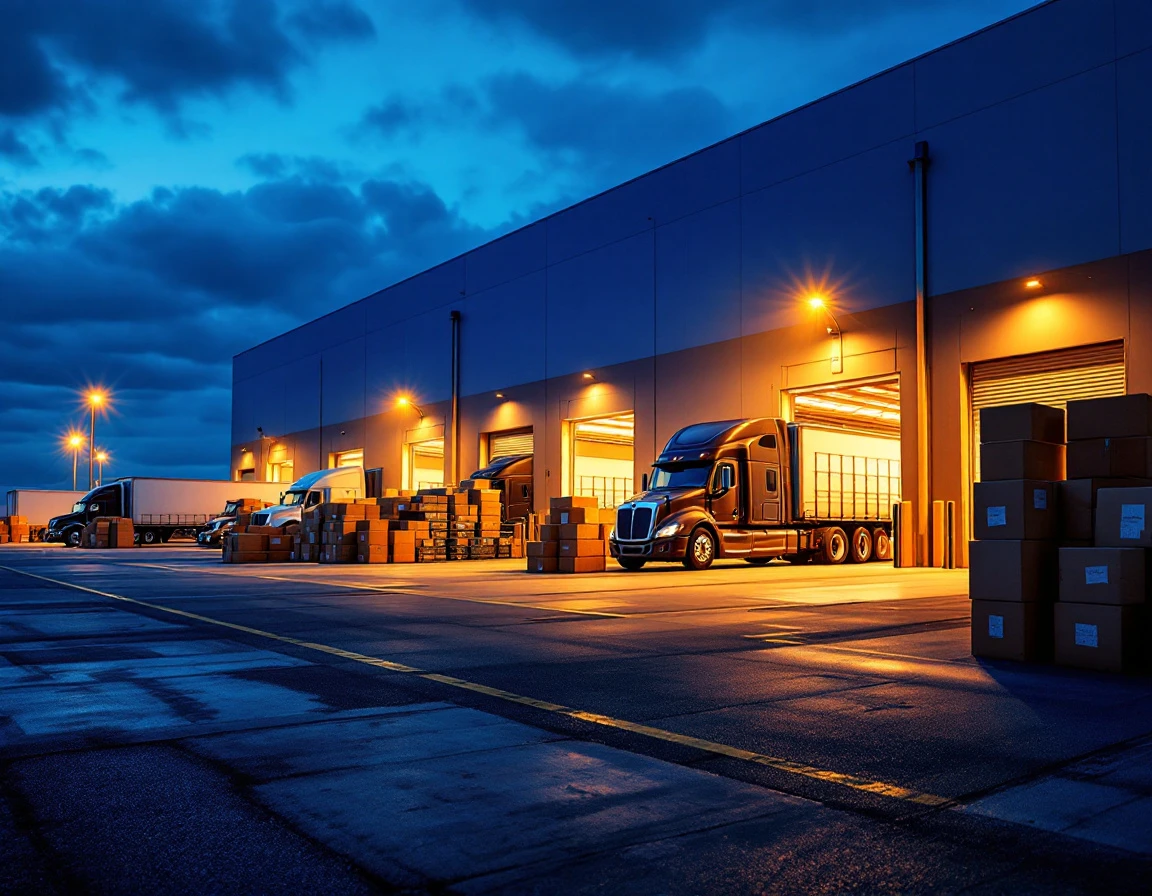 Distribution center loading dock at dusk with trucks and shipping boxes during quiet operational hours