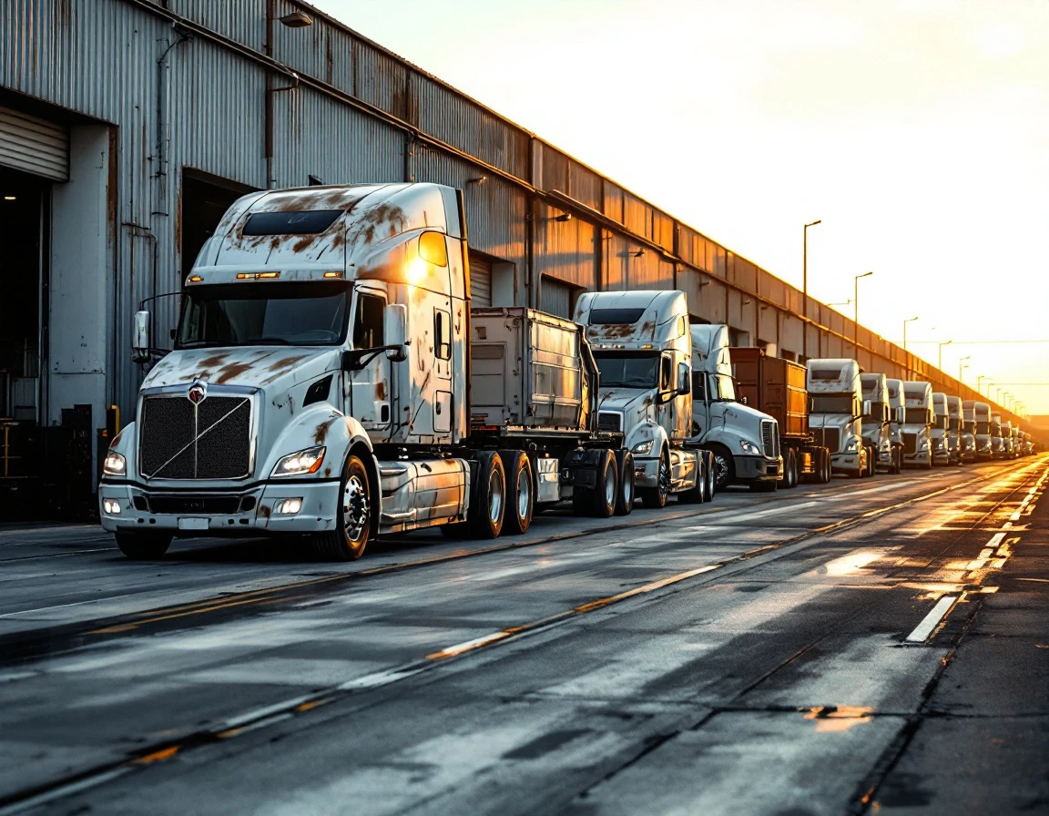 Commercial semi-trucks parked at industrial carrier facility yard showing multi-carrier fleet operations