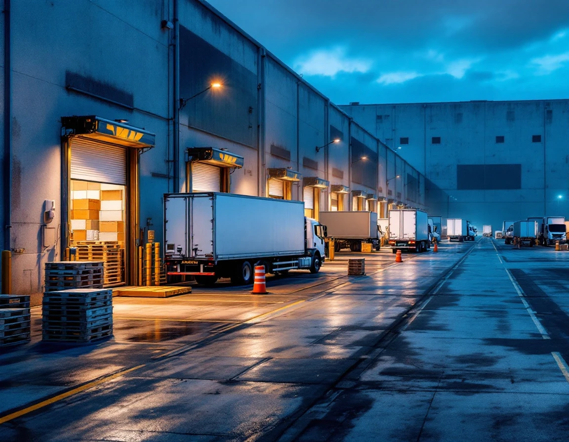 Loading dock with multiple carrier trucks at distribution center bays during early morning operations