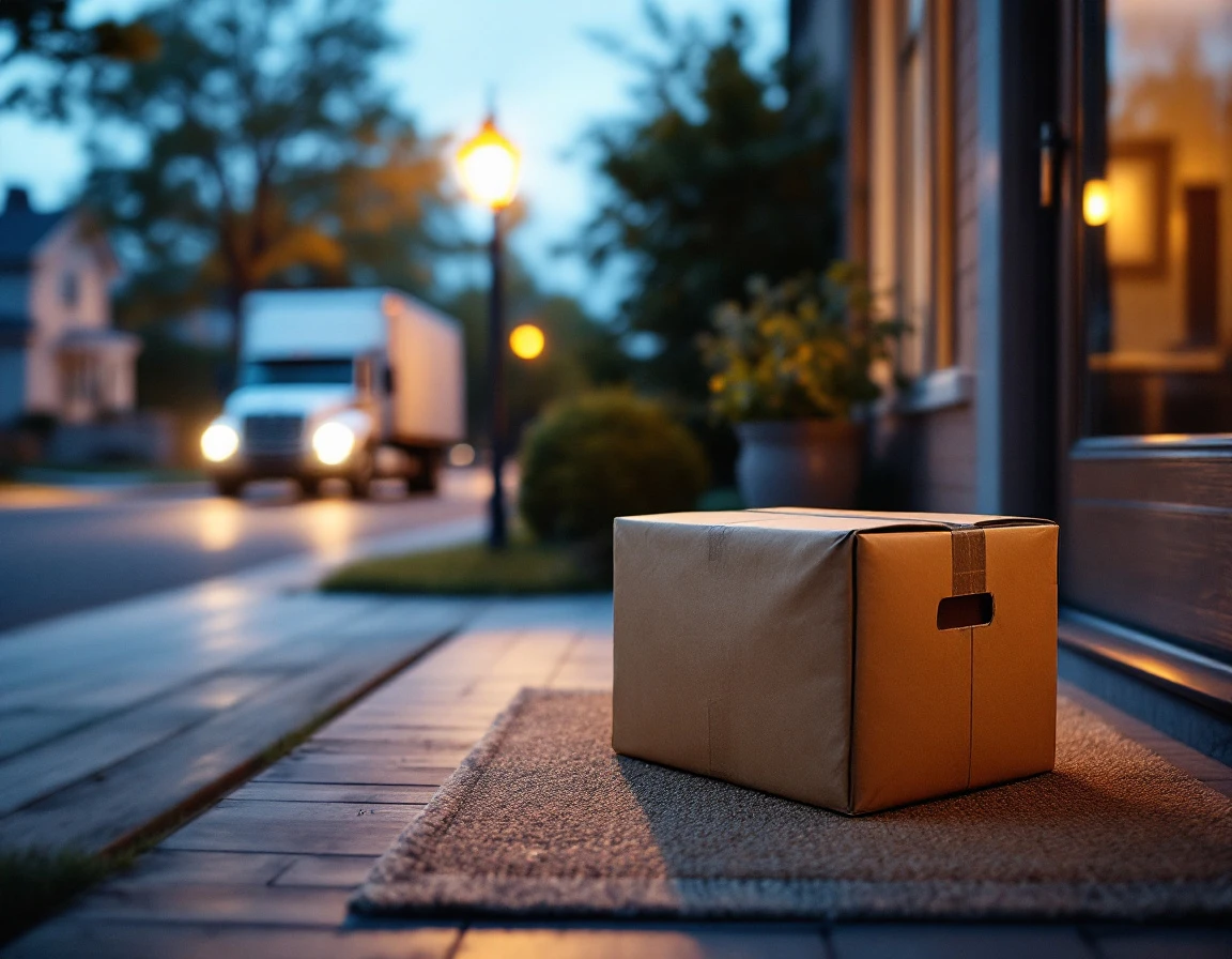 Cardboard package on residential porch at evening with delivery truck visible on suburban street