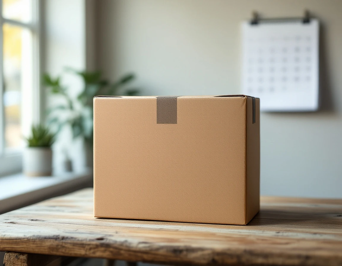 Cardboard parcel with barcode on wooden desk beside calendar in logistics office setting