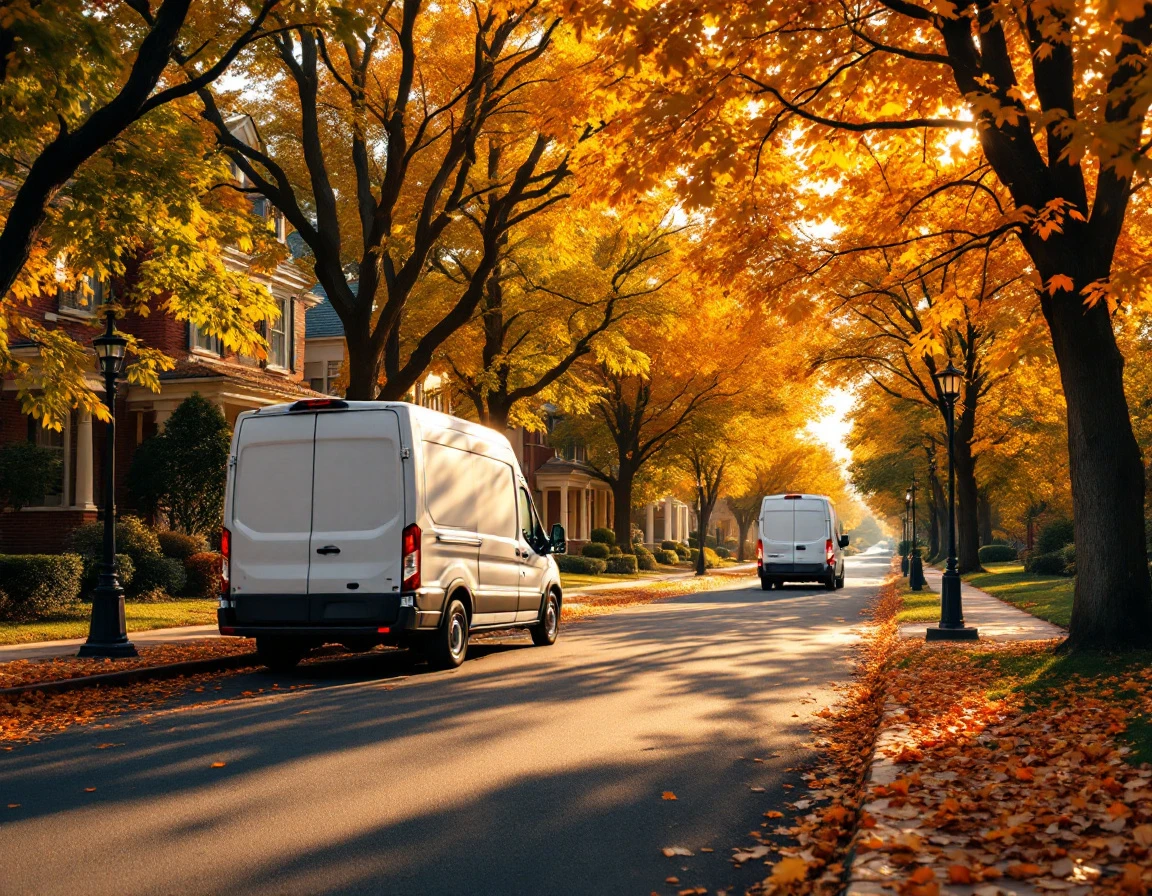 Autumn neighborhood street with generic white delivery vans parked along tree-lined residential block