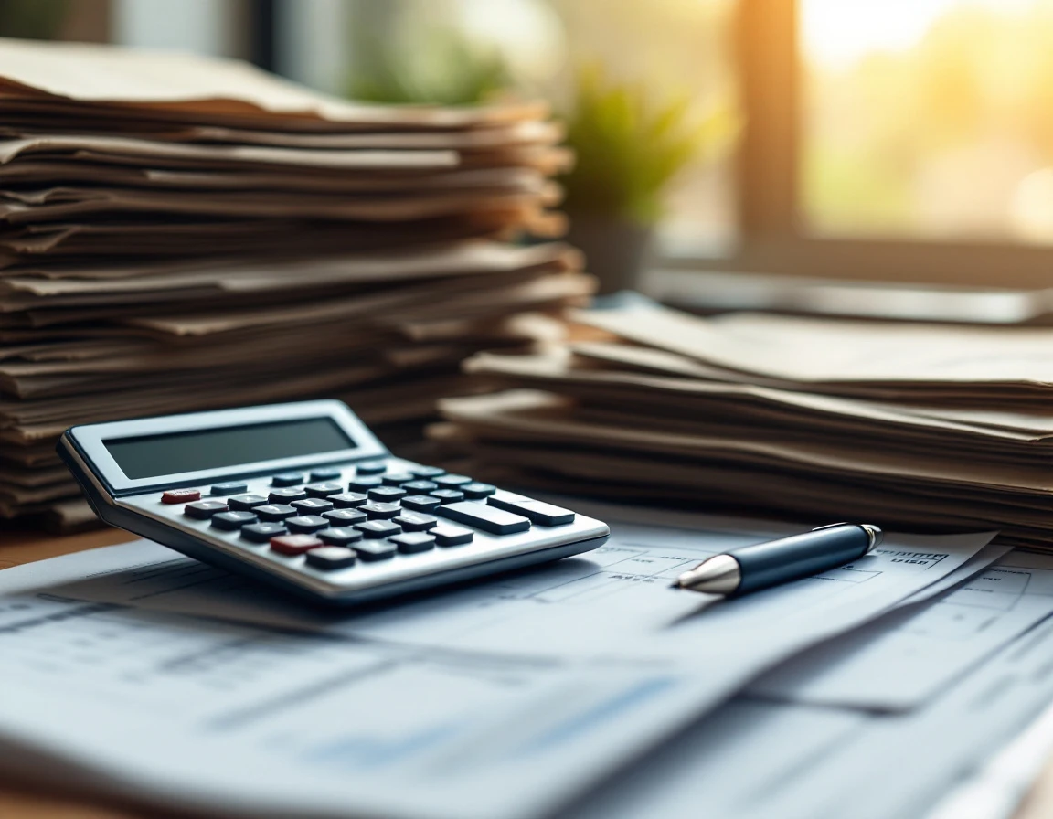 Calculator and organized freight invoice paperwork on desk during carrier billing audit process