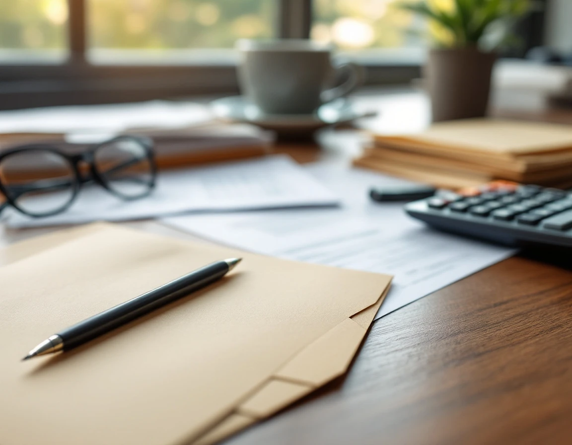 Professional desk with calculator, folders, and office supplies arranged for carrier billing audit work