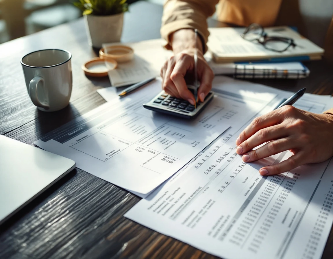 Business professional reviewing shipping invoices and billing statements with calculator on office desk
