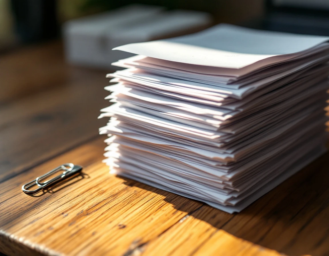 Organized stacks of receipts sorted by priority on a wooden desk surface with natural lighting