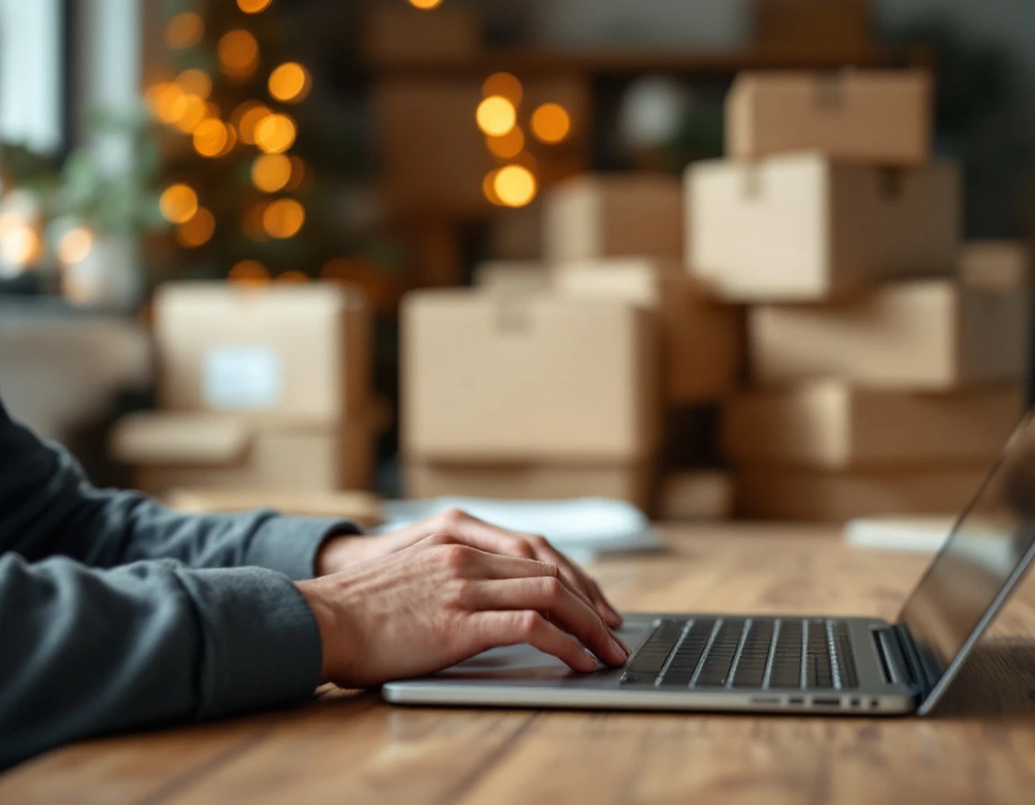 Hands working on laptop with blurred shipping boxes and packing materials in background during peak season