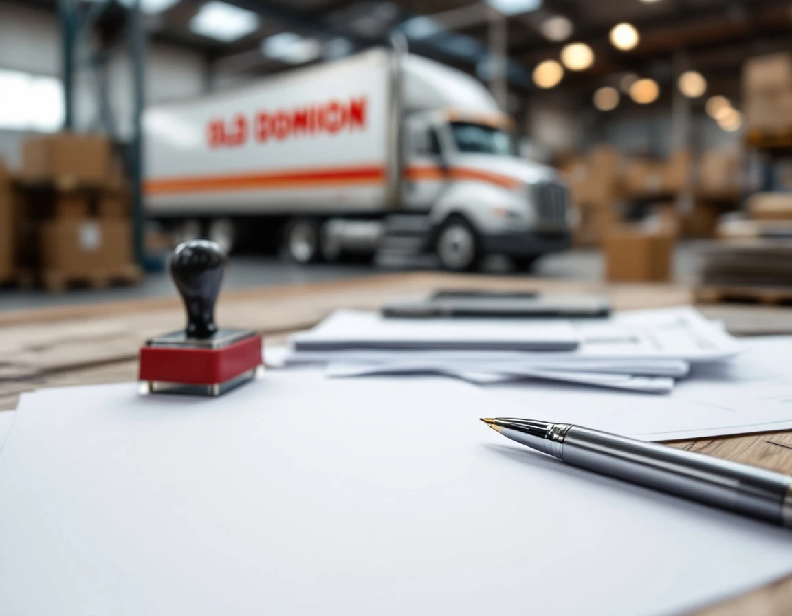 Shipping invoices on desk with freight truck visible in warehouse background during carrier audit review