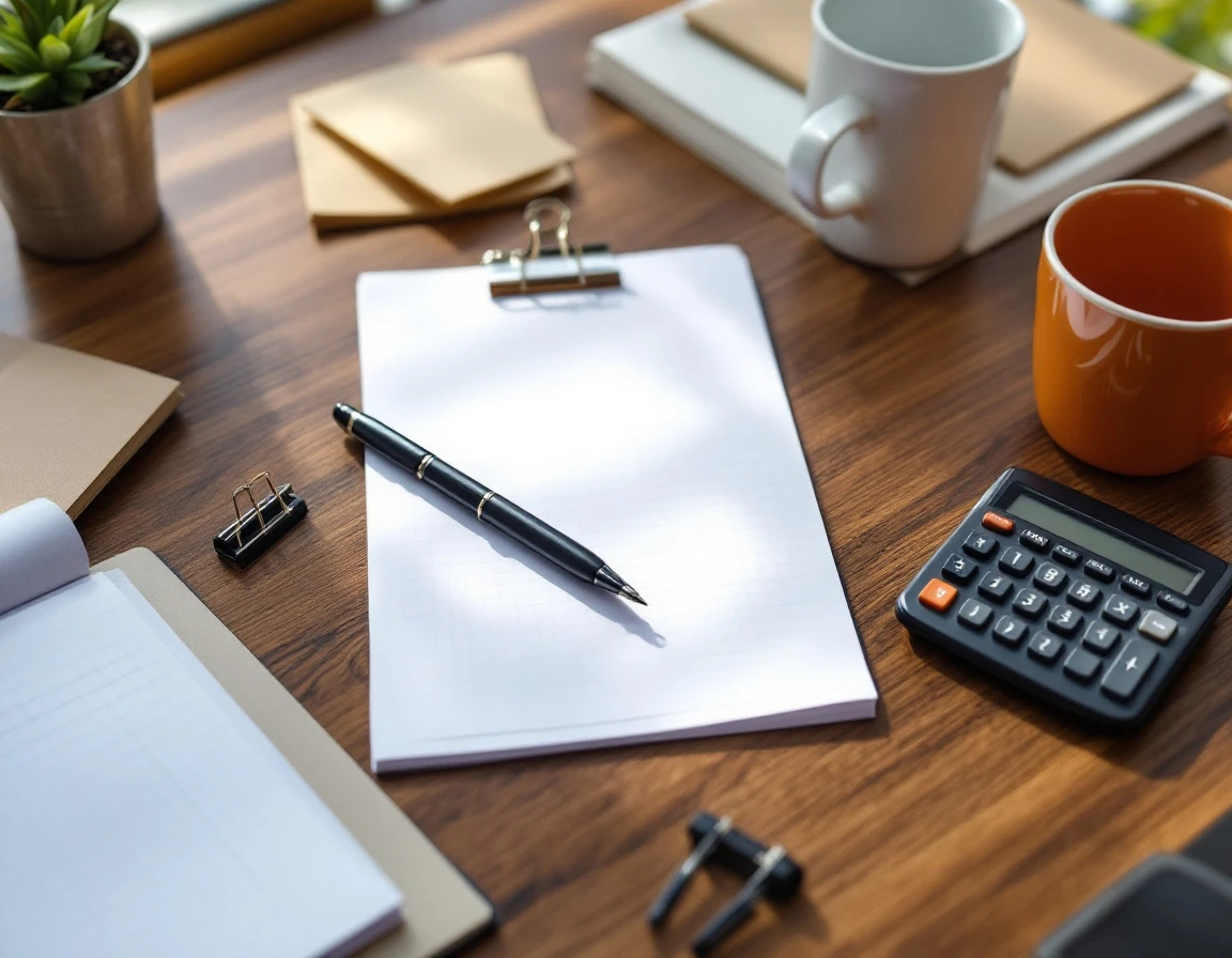 Office desk workspace with blank notepad, calculator, and pen suggesting freight invoice audit preparation