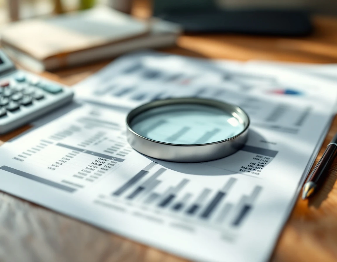 Magnifying glass examining blurred financial documents and billing materials on a wooden desk