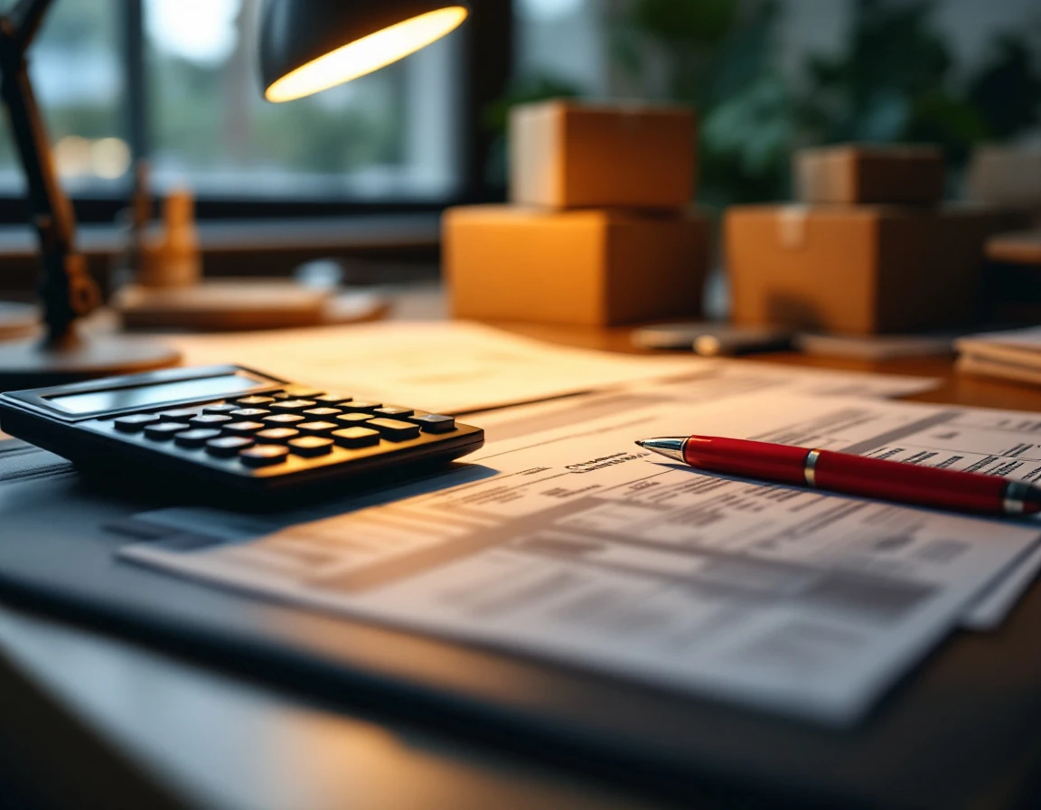 Red pen and calculator on accounting desk with blurred invoice documents and parcel boxes in logistics workspace