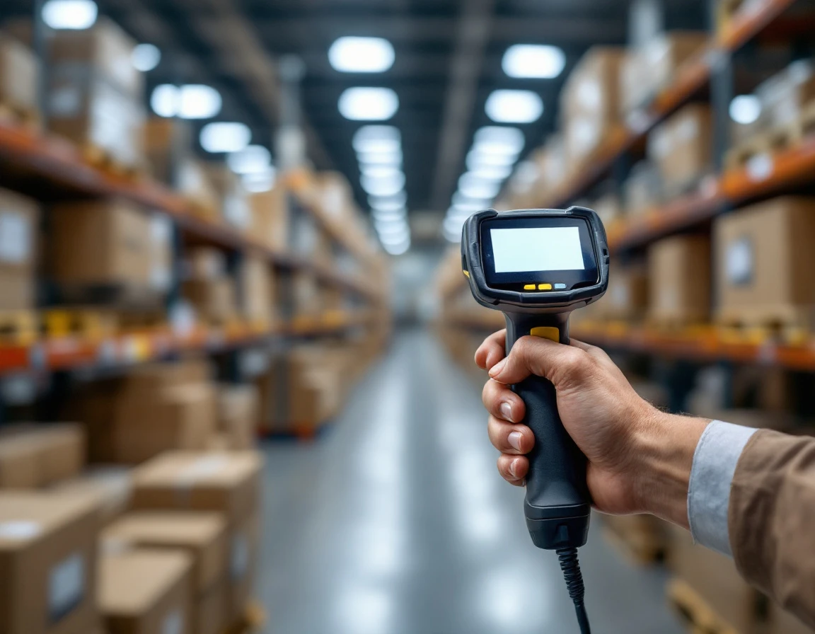 Handheld scanner and shipping boxes in warehouse during inventory verification process