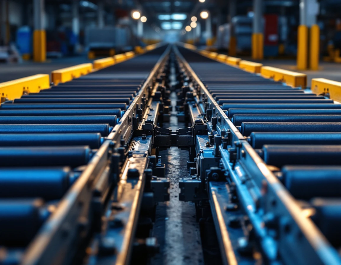Two parallel conveyor systems in warehouse loading dock showing overlapping mechanical infrastructure
