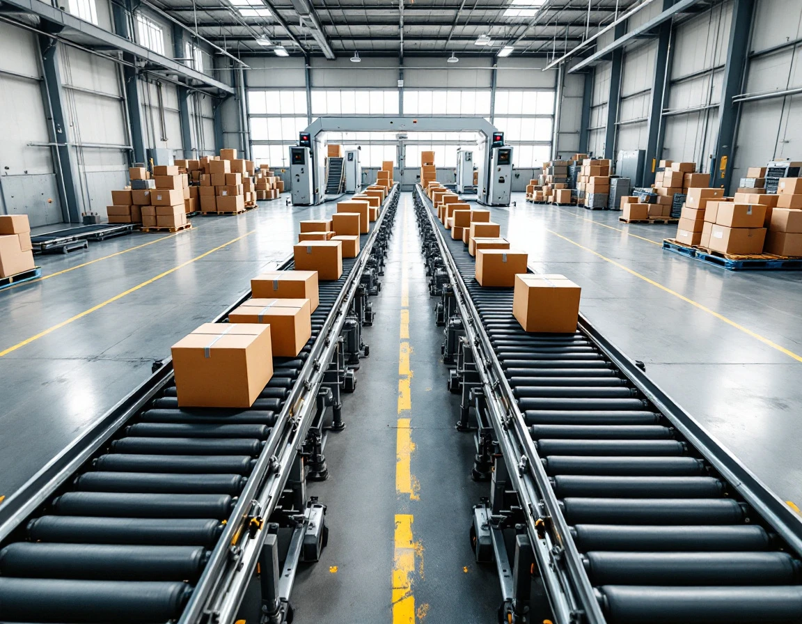 Dual conveyor belt systems running parallel in a shipping facility showing overlapping package routes
