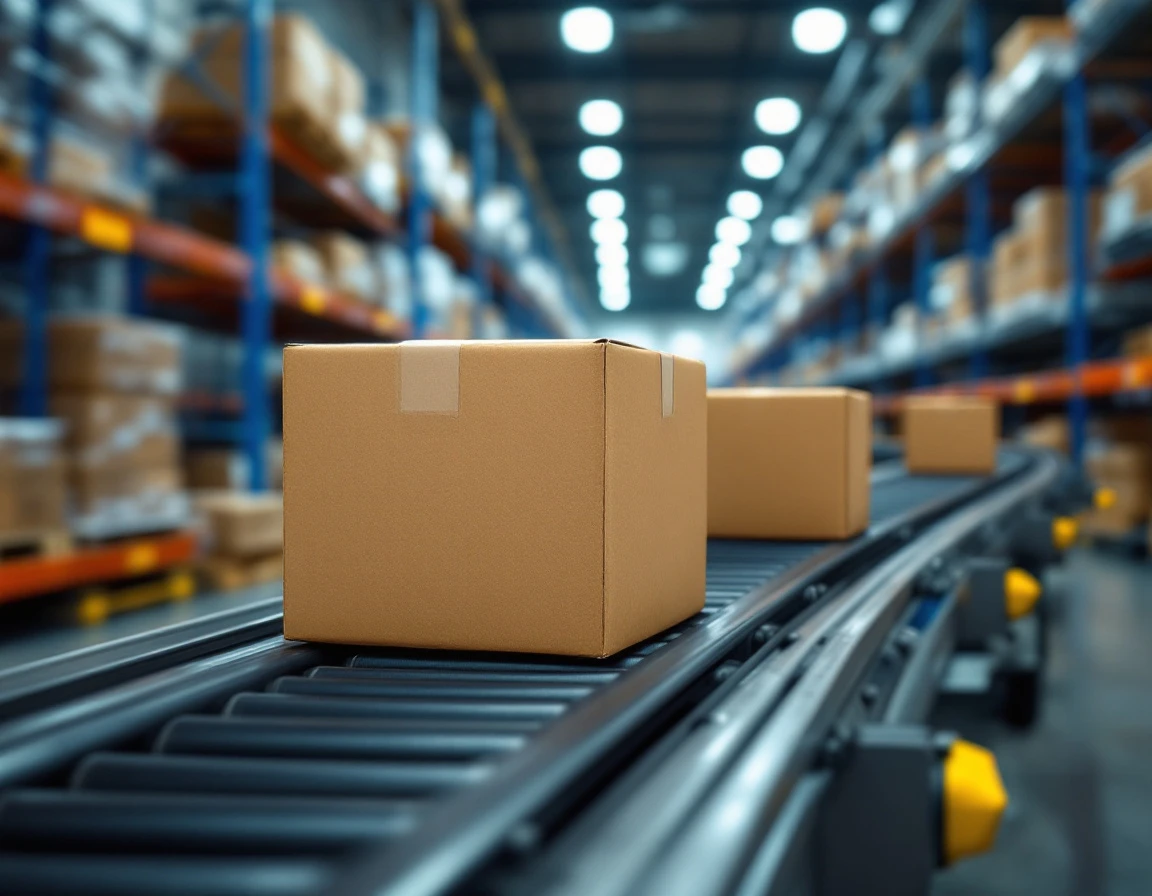 Conveyor belt moving unmarked cardboard parcels through distribution center warehouse facility