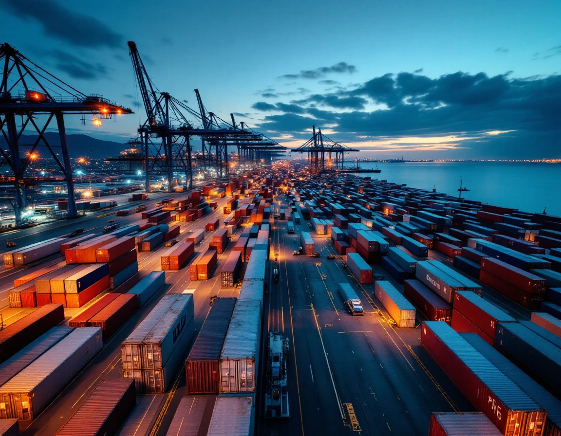 Aerial view of active container port terminal at twilight with cargo handling equipment and stacked containers