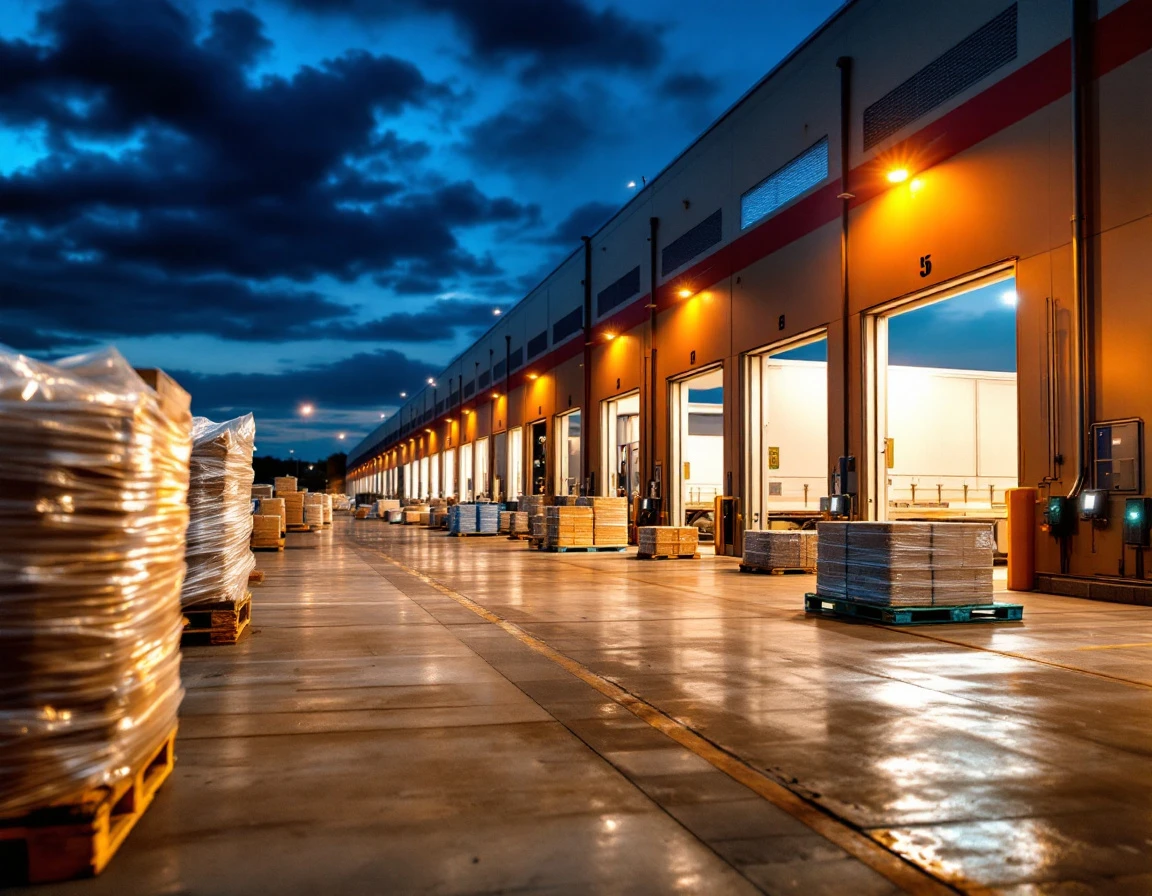 Modern warehouse loading dock with semi-trucks at dusk showing supply chain logistics infrastructure