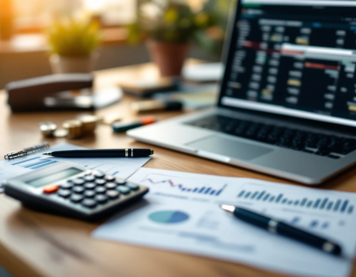 Professional desk workspace with calculator, laptop, and blurred financial documents for carrier billing audit