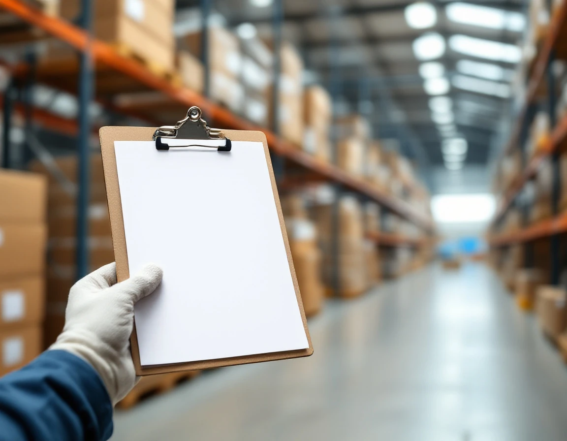 Warehouse worker reviewing shipping documentation on clipboard in distribution center