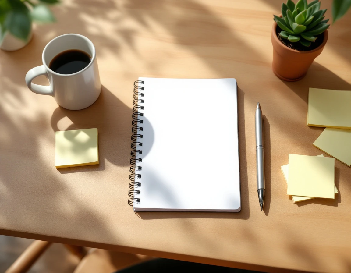 Blank notebook and workspace supplies on wooden desk with natural lighting